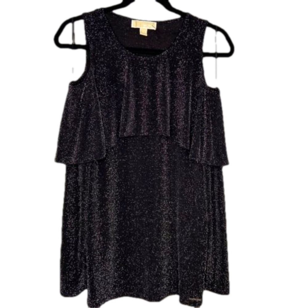 MICHAEL KORS Cold-Shoulder Ruffle Metallic Blouse Sz M